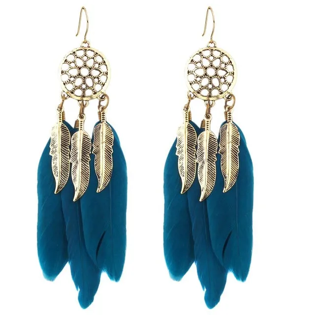 17KM Vintage Men Women Dream Catcher Long Feather Drop Earrings Retro Tibetan Earrings Pendiente Women Earrings Gift bijoux