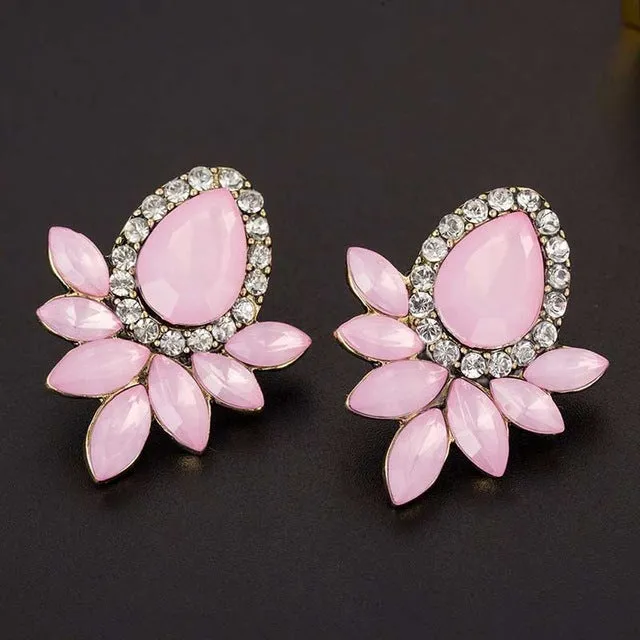 2016 New Women's Fashion Earrings Rhinestone Gray/Pink Glass Black Resin Sweet Metal with Gems Ear Stud Earrings For Women Girls