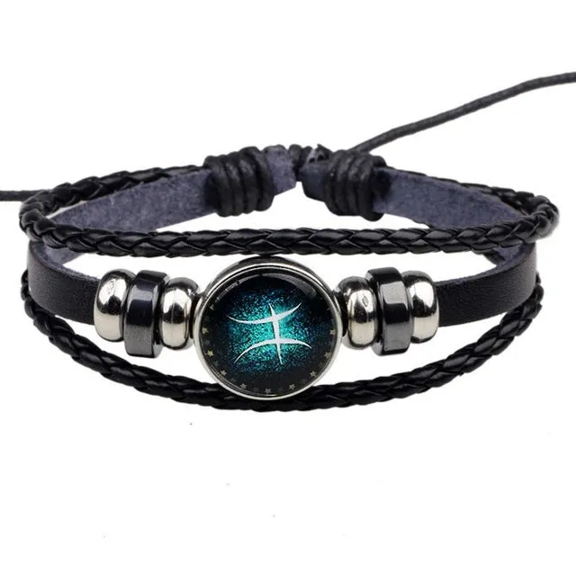 2017 New arrival Zodiac 12 Constellation Bracelet Men Jewelry Fashion Women Braided PU Leather Bracelets & Bangles BQN104