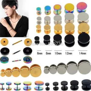 2Pcs Mens Barbell Punk Gothic 6-14mm Stainless Steel Ear Studs Fake Ear Plug Stretcher Cheater Earring Piercing Jewelry