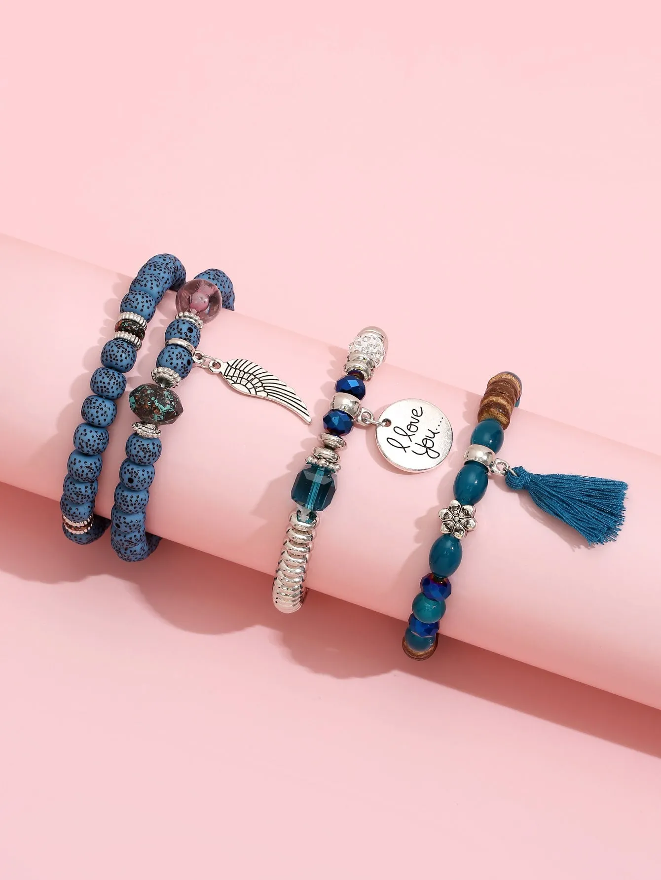 4pcs Stylish Blue Beaded Bracelet With Wing Charm Women Bracelet Stackable