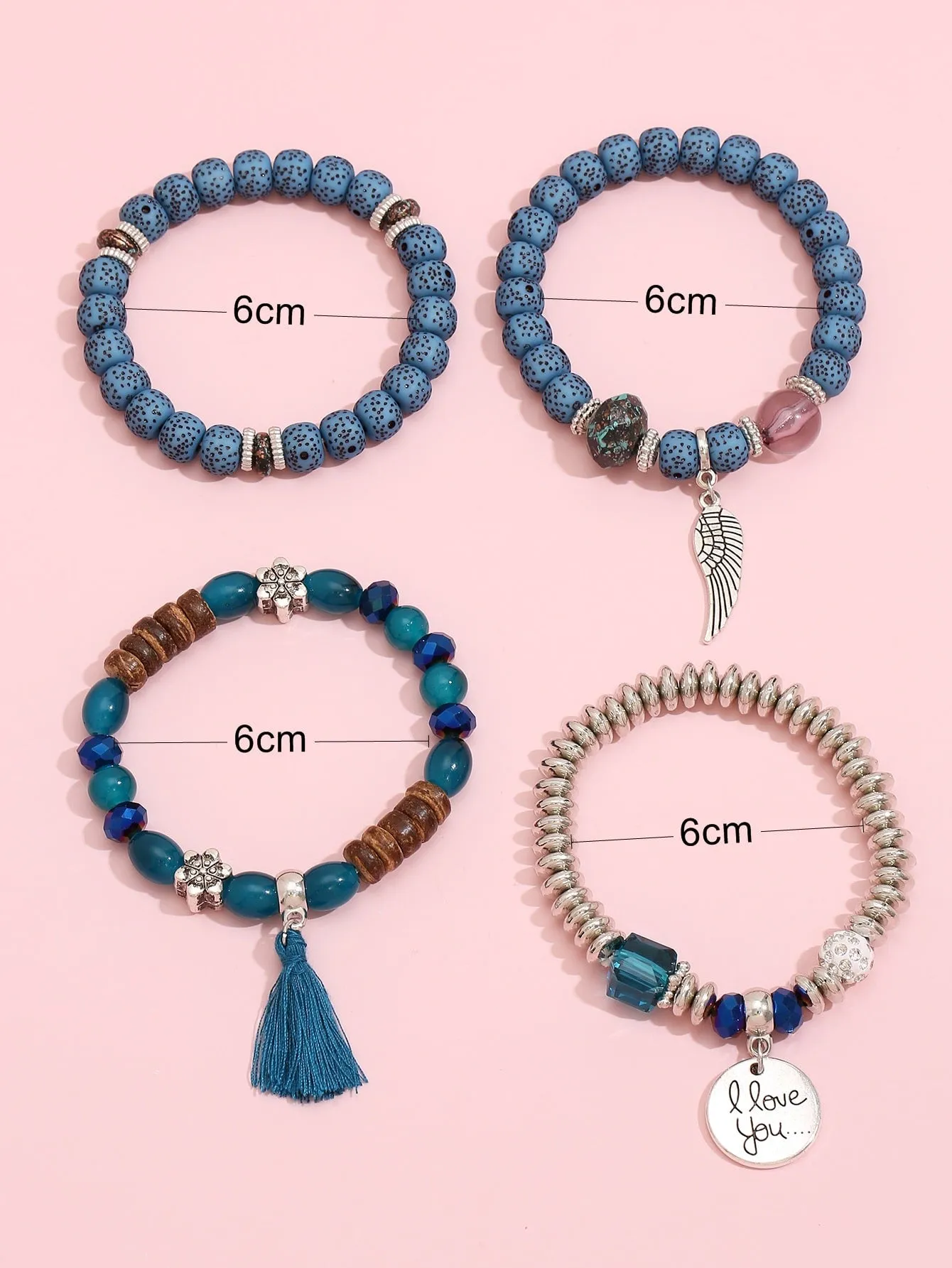 4pcs Stylish Blue Beaded Bracelet With Wing Charm Women Bracelet Stackable