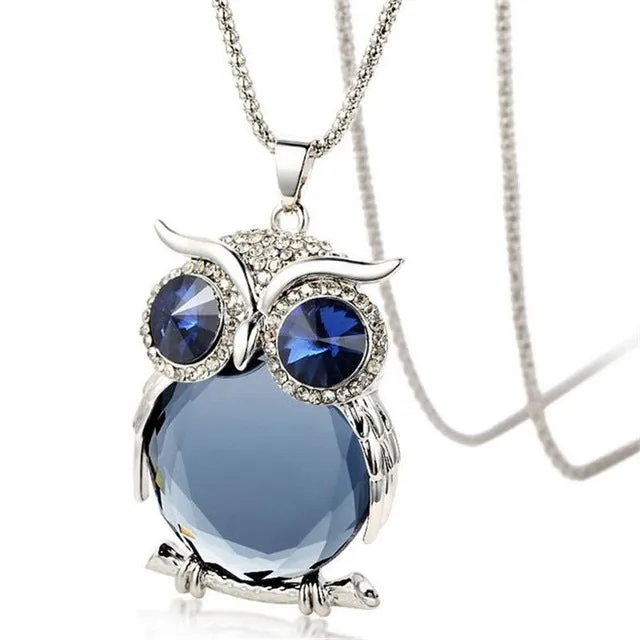 8 Colors Trendy Owl Necklace Fashion Rhinestone Crystal Jewelry Statement Women Necklace Silver Chain Long Necklaces & Pendants