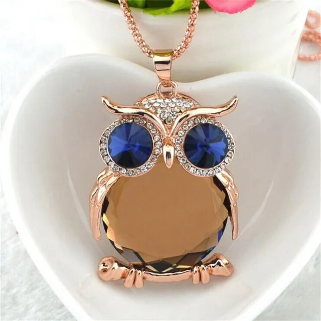 8 Colors Trendy Owl Necklace Fashion Rhinestone Crystal Jewelry Statement Women Necklace Silver Chain Long Necklaces & Pendants