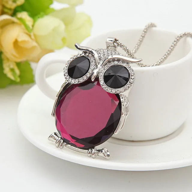 8 Colors Trendy Owl Necklace Fashion Rhinestone Crystal Jewelry Statement Women Necklace Silver Chain Long Necklaces & Pendants