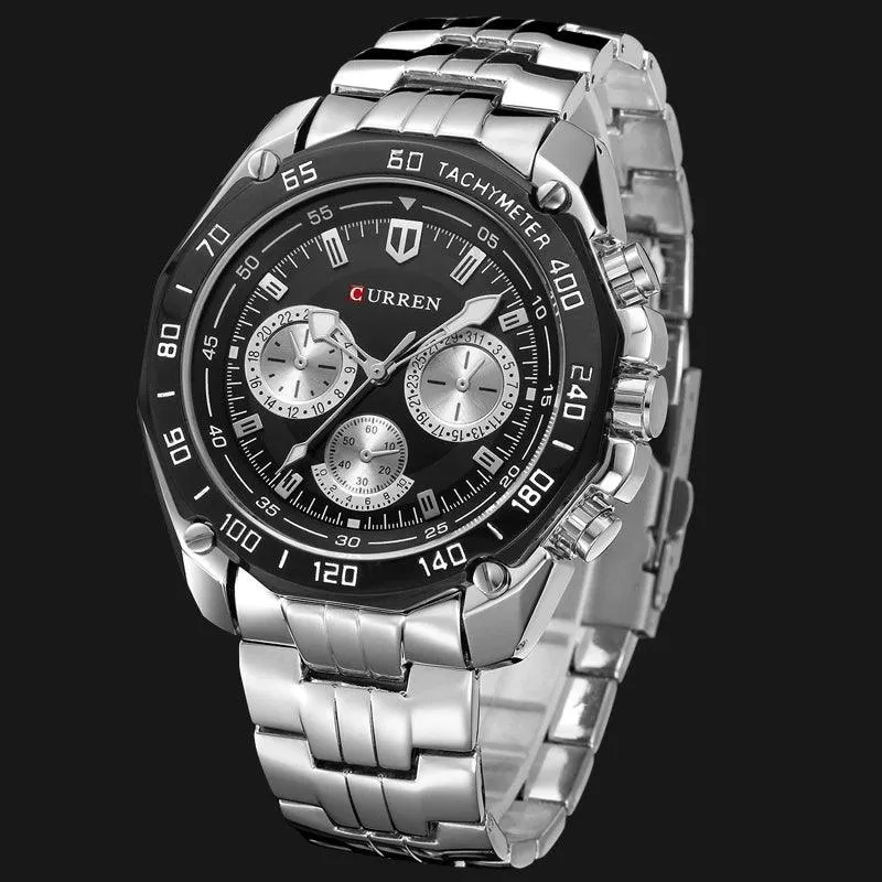 8077 - Men's Simple Watch - Full Stainless Steel Band - Quartz Sport Wristwatch