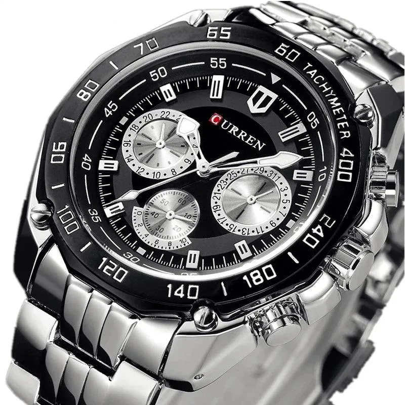 8077 - Men's Simple Watch - Full Stainless Steel Band - Quartz Sport Wristwatch