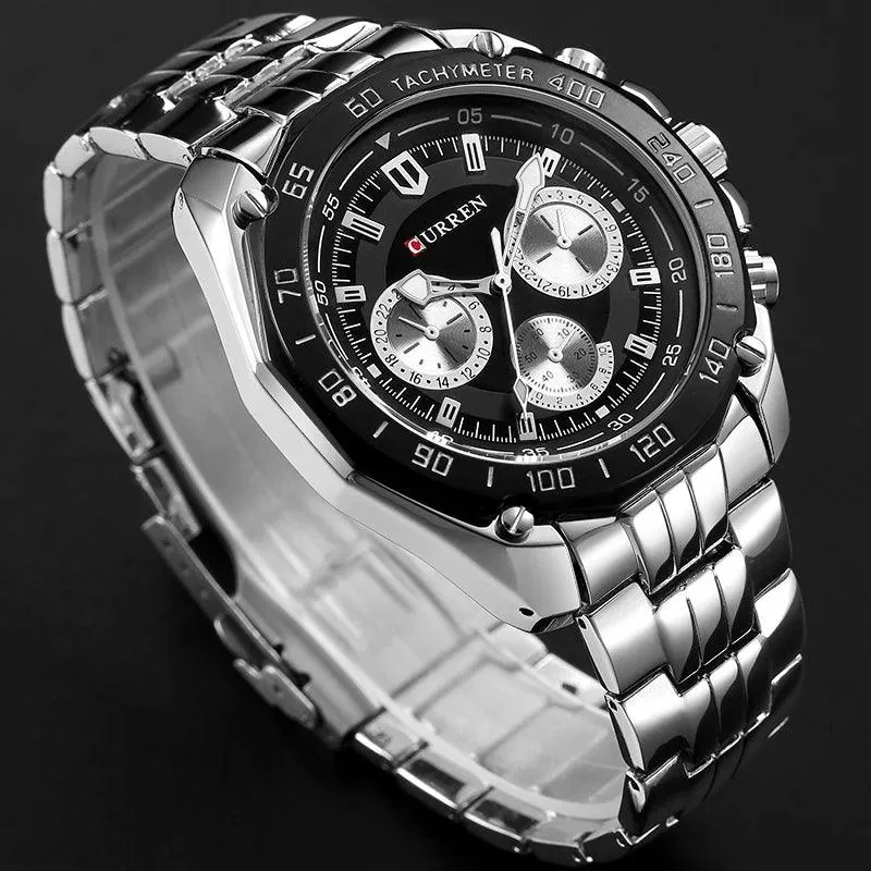 8077 - Men's Simple Watch - Full Stainless Steel Band - Quartz Sport Wristwatch