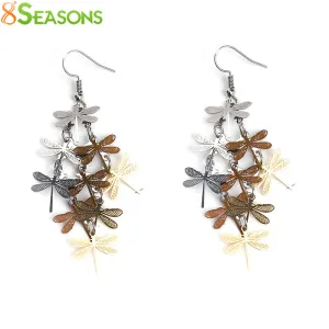 8SEASONS New Fashion Earrings Ear Wire Hooks Dragonfly Animal dull silver-color Rose gold-color Hollow 7.6cm(3") long, 1 Pair