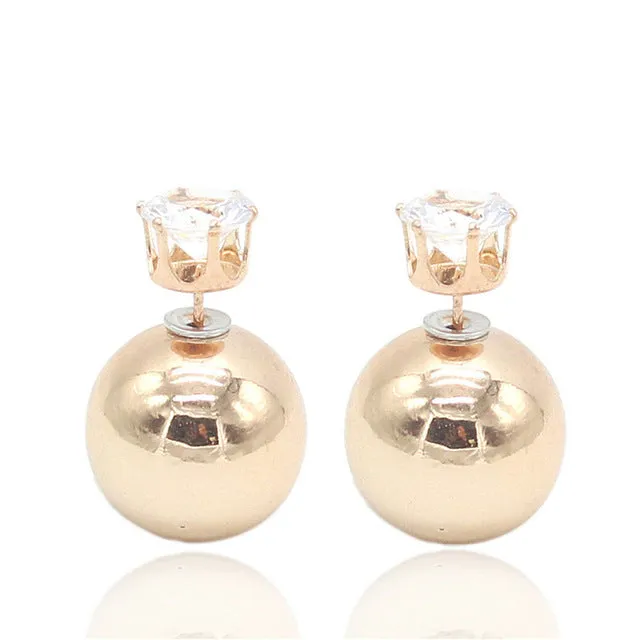 ADOLPH Jewelry Nice Gold Sliver Korean Crystal Two Ball Pearls Stud Earrings Fashion double Pearl Women Earrings Zinc Alloy