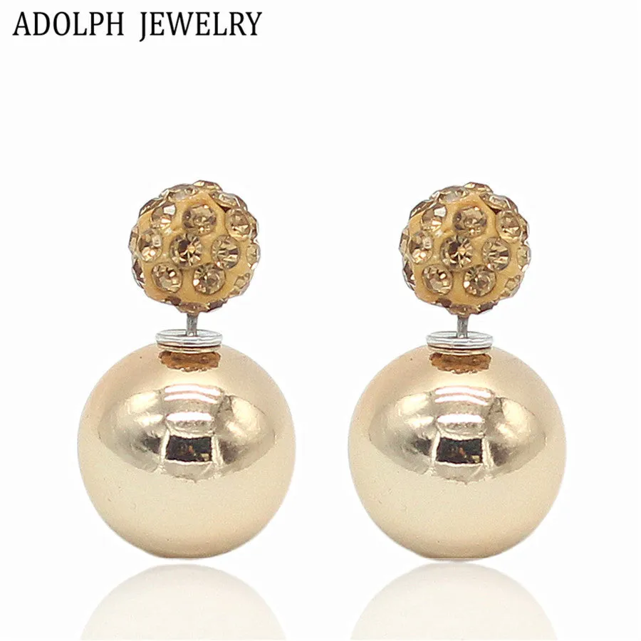 ADOLPH Jewelry Nice Gold Sliver Korean Crystal Two Ball Pearls Stud Earrings Fashion double Pearl Women Earrings Zinc Alloy