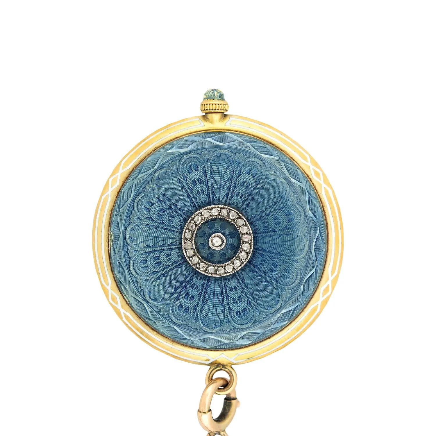 Art Deco 18k/Platinum Diamond Blue Enamel Guilloche Watch Pendant Necklace