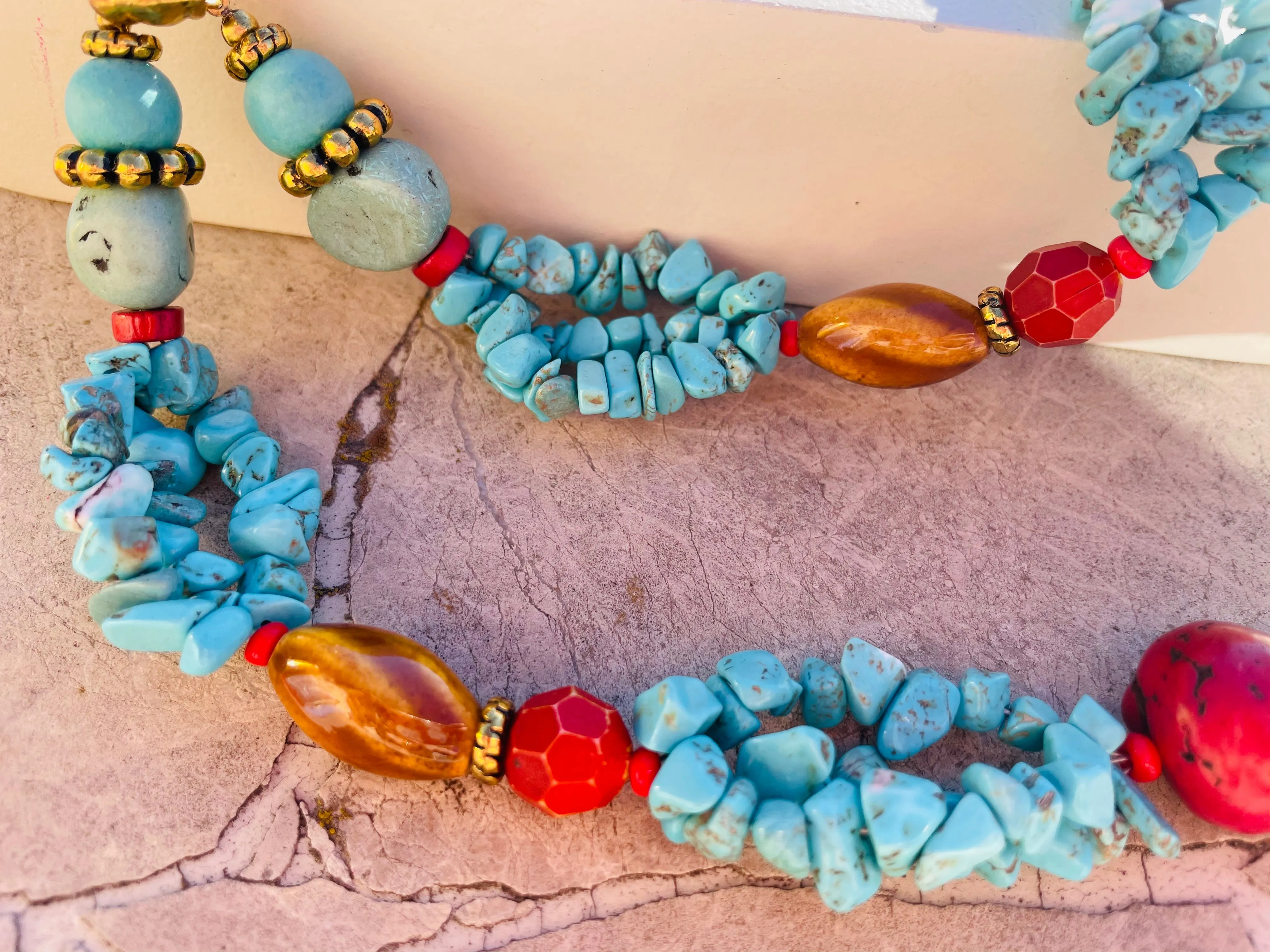 Artisan Blue Gold Tone Faux Turquoise Coral Color Stone Art Bead Cross Necklace