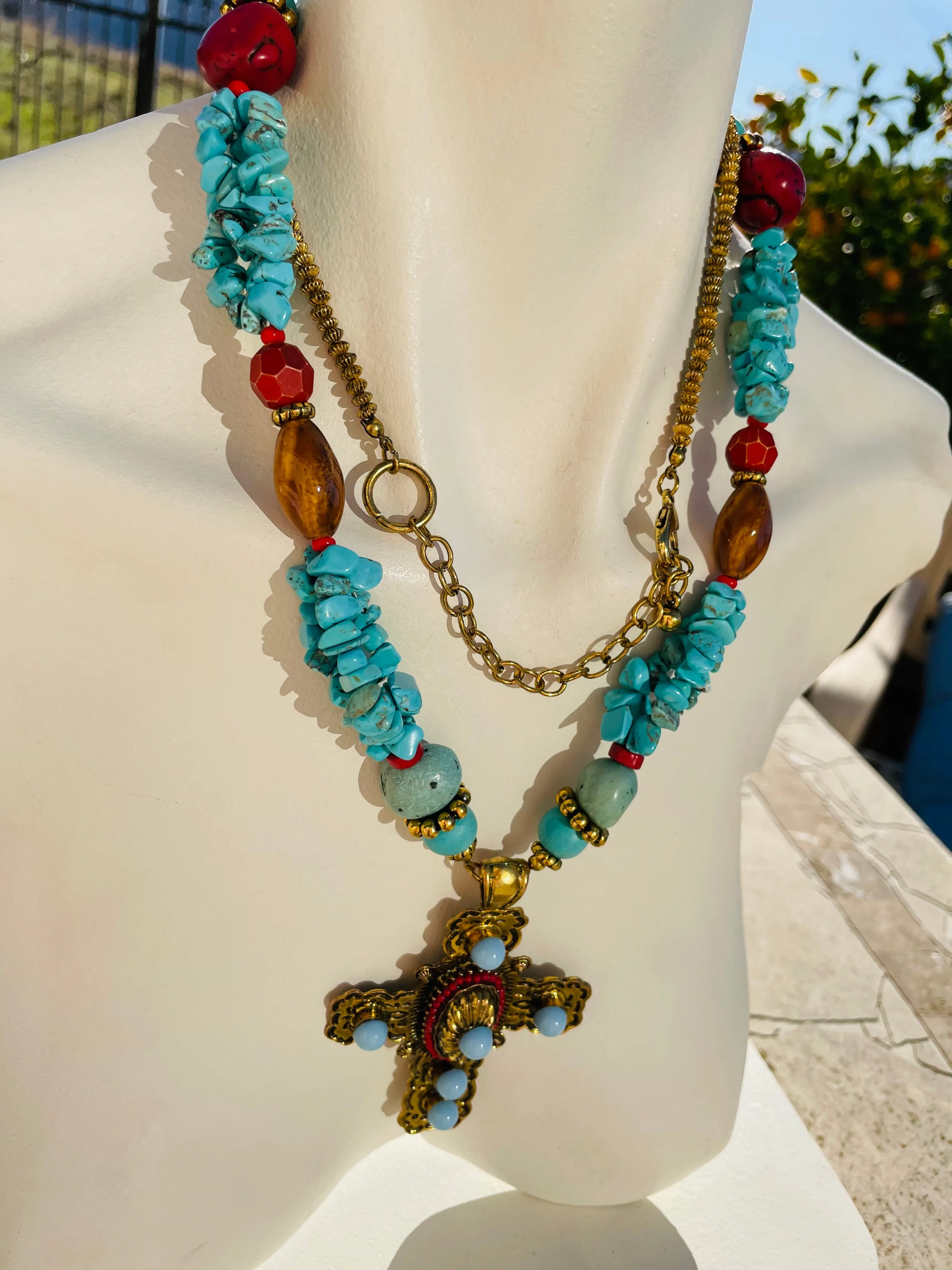 Artisan Blue Gold Tone Faux Turquoise Coral Color Stone Art Bead Cross Necklace