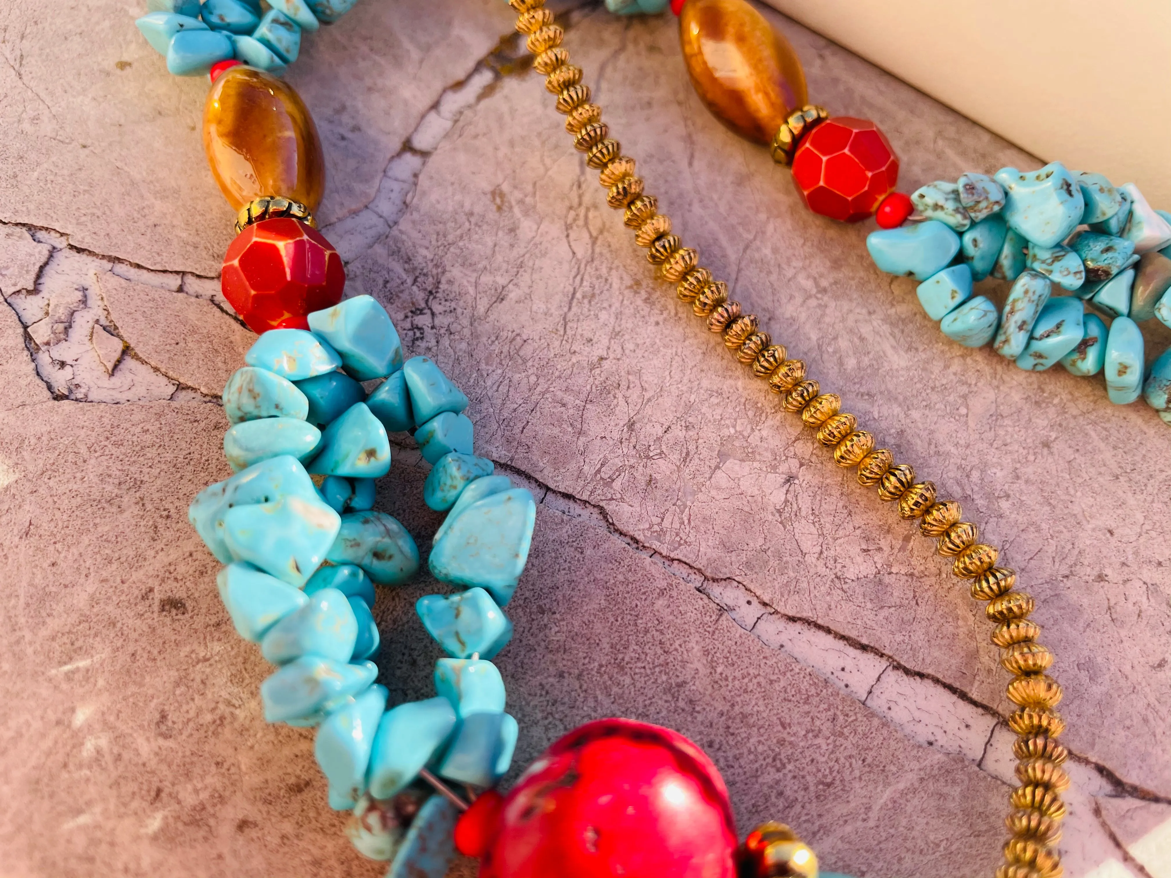 Artisan Blue Gold Tone Faux Turquoise Coral Color Stone Art Bead Cross Necklace