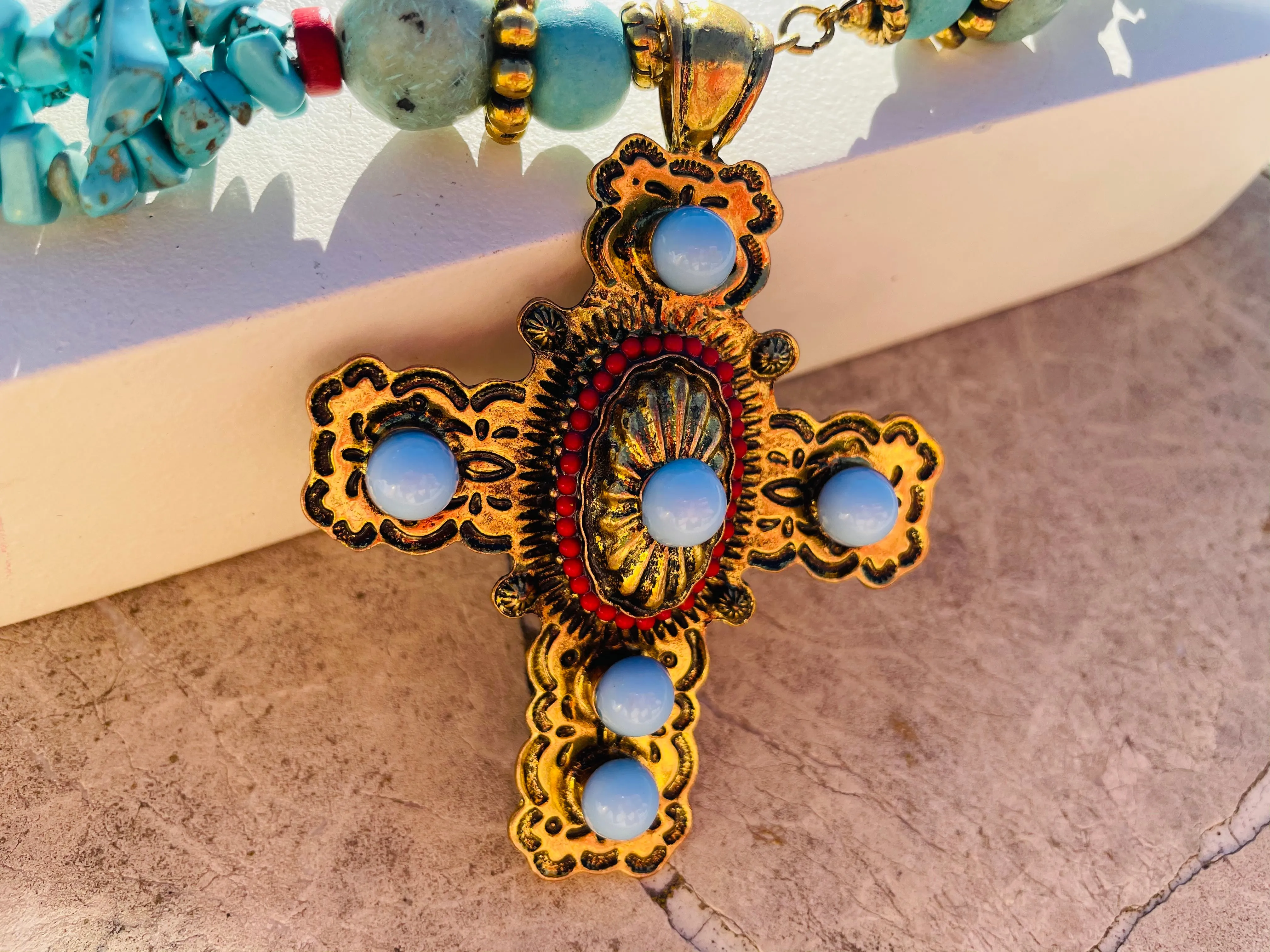 Artisan Blue Gold Tone Faux Turquoise Coral Color Stone Art Bead Cross Necklace