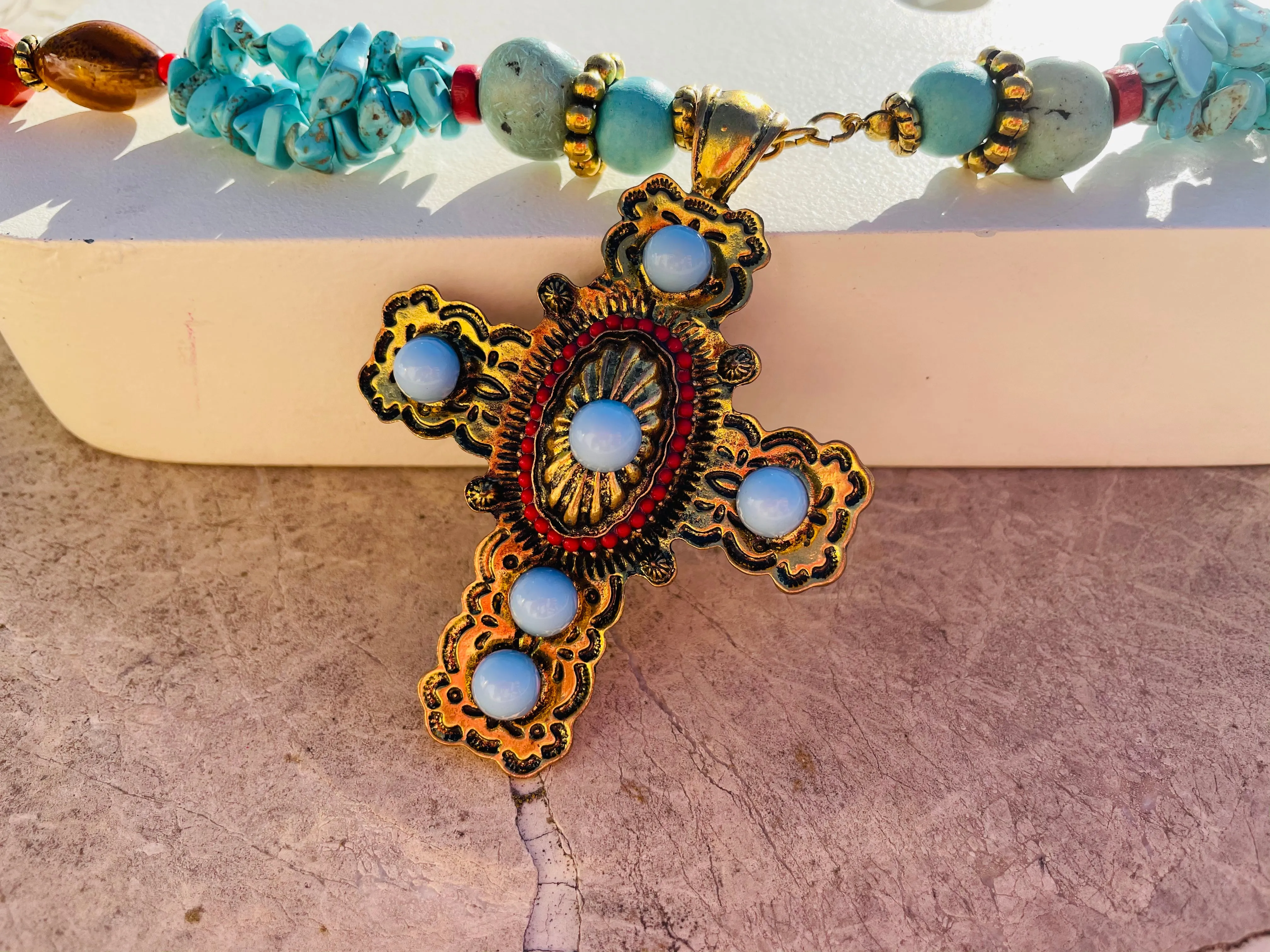 Artisan Blue Gold Tone Faux Turquoise Coral Color Stone Art Bead Cross Necklace