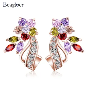 Beagloer Brand Top Selling Flower Stud Earring with Multicolor/Clear AAA Zirconia Stone Earring Bride Wedding  Jewelry CER0201-B