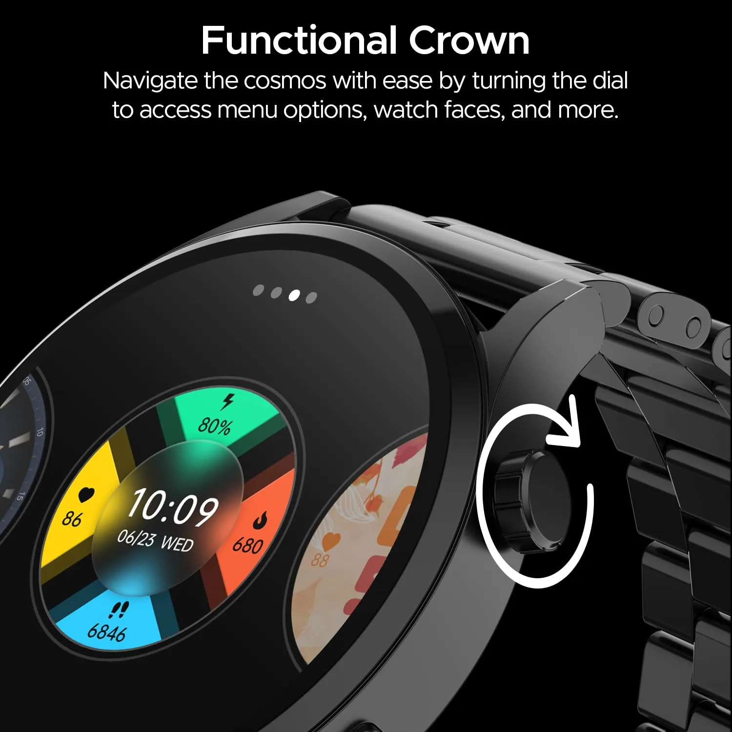 boAt Newly Launched Lunar Embrace With 1.51” AMOLED Display, BT Calling, Functional Crown, Metal-Built, 100  Sports Mode, Animated Watch Faces, Built-in Games, Smart Watch for Men & Women(Steel Black)