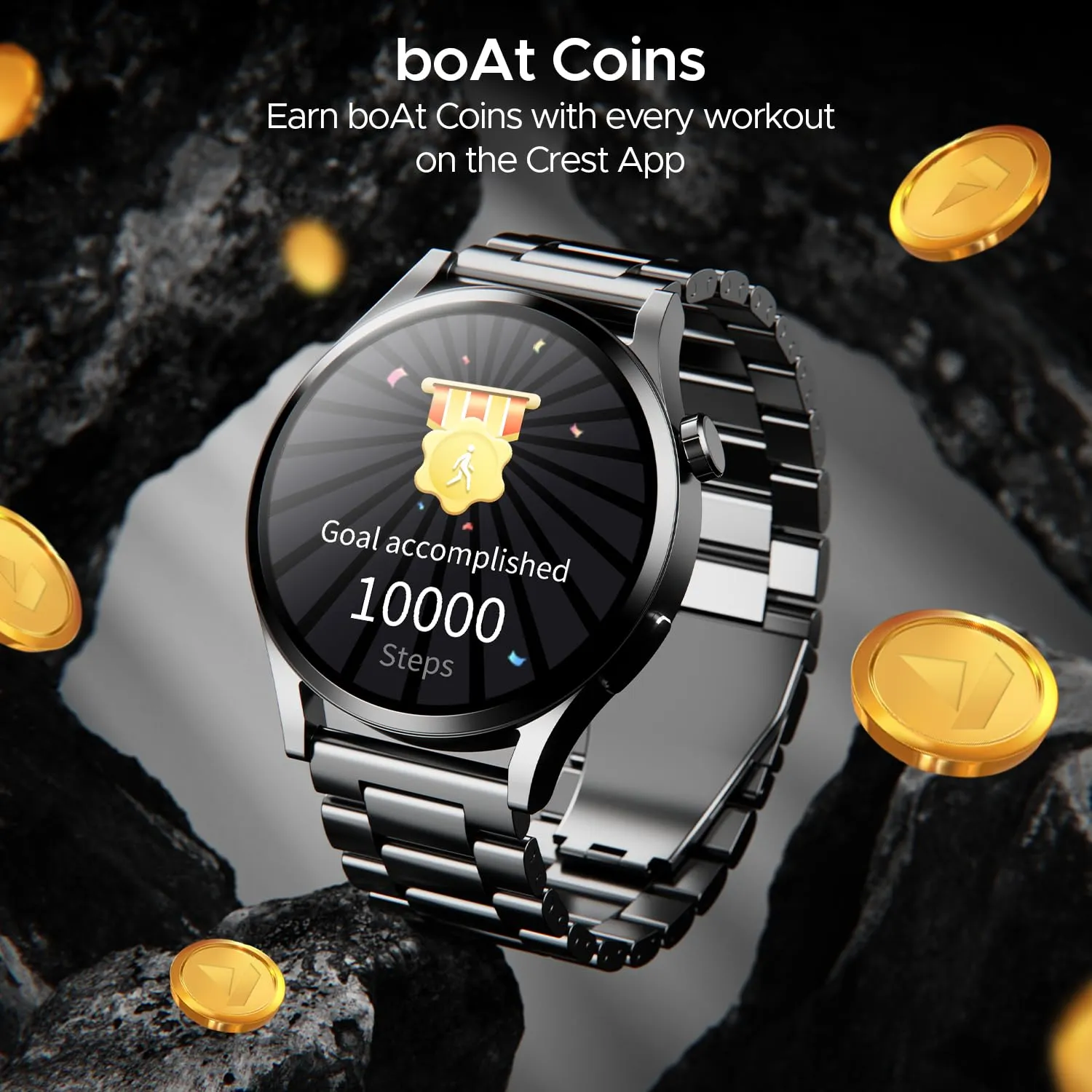 boAt Newly Launched Lunar Embrace With 1.51” AMOLED Display, BT Calling, Functional Crown, Metal-Built, 100  Sports Mode, Animated Watch Faces, Built-in Games, Smart Watch for Men & Women(Steel Black)