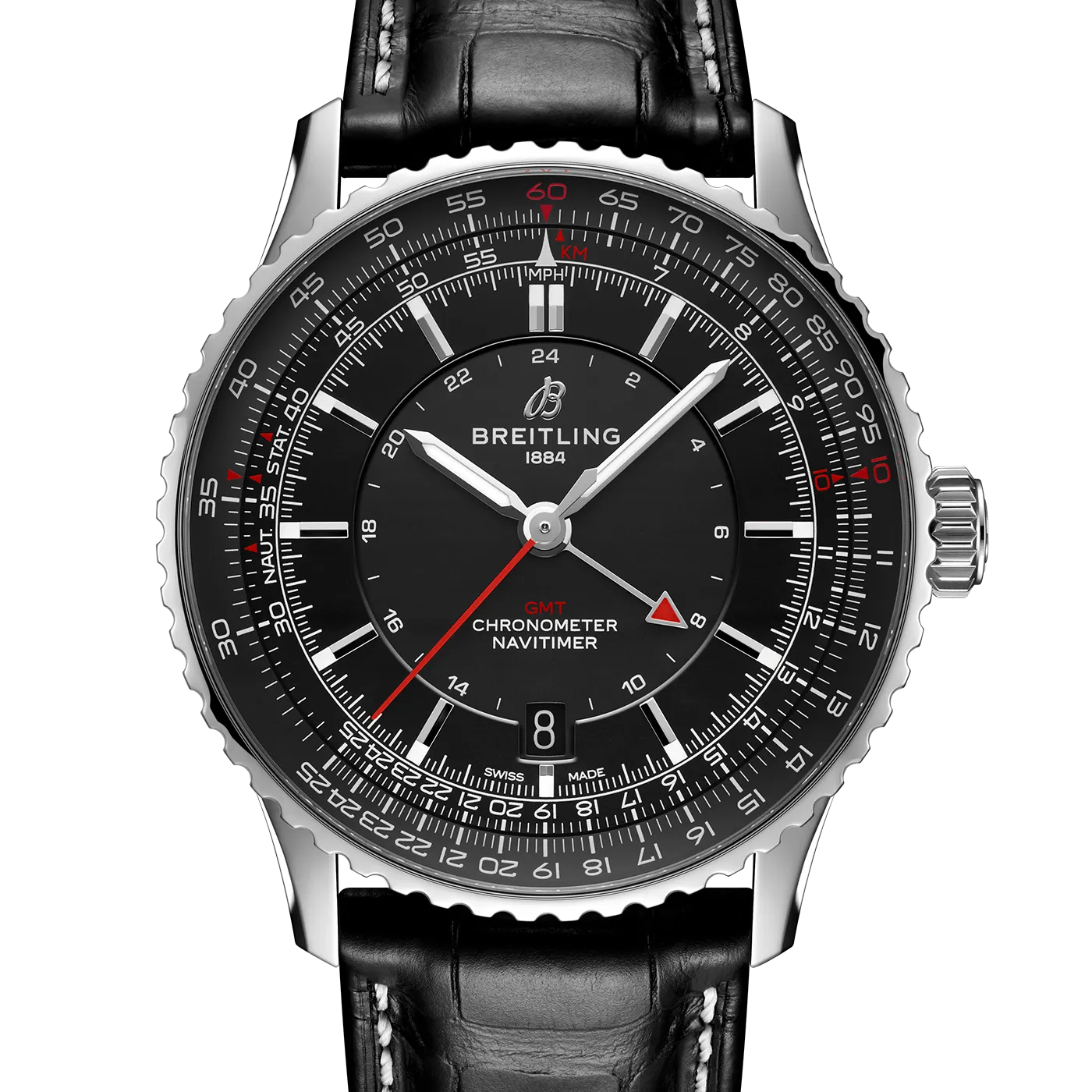 Breitling Navitimer Automatic GMT 41 Watch with Black Leather Strap