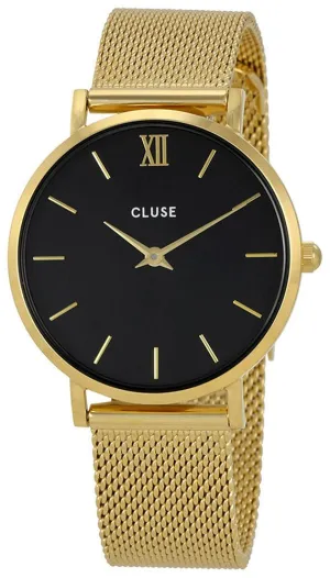 Cluse Minuit Gold Plated Stainless Steel Mesh Black Dial Womens Watch CL30012