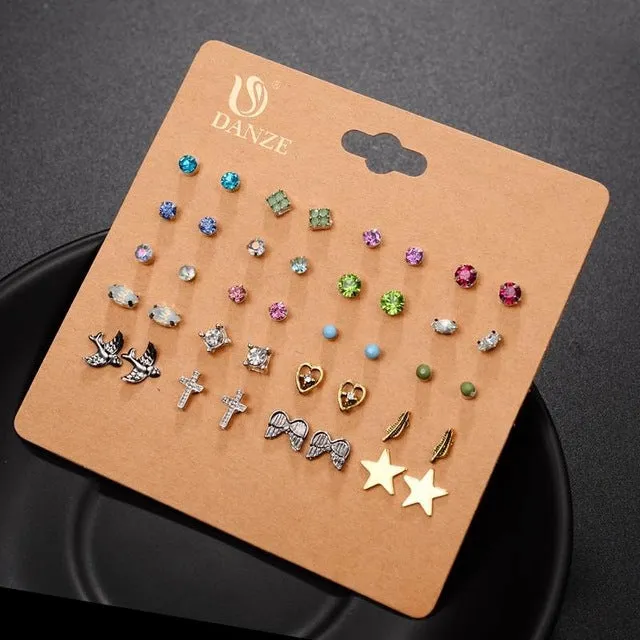 DANZE Punk 20 Pairs Pack Set Brincos Mixed Stud Earrings For Women Crystal Ear Studs Fashion Simulated Pearl Jewelry Wholesale