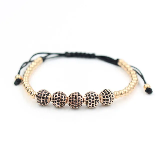 Drop Shipping Gold-Color Anil Arjandas 8mm Pave Setting Black CZ Crystal Copper Ball Bead Weave Braiding Bracelet Gift Jewelry