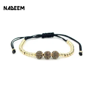 Drop Shipping Gold-Color Anil Arjandas 8mm Pave Setting Black CZ Crystal Copper Ball Bead Weave Braiding Bracelet Gift Jewelry