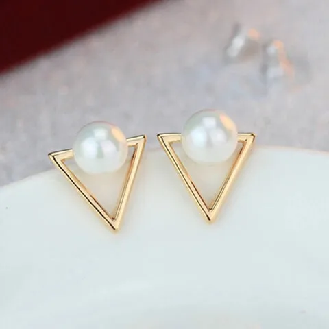 Eb035 Girls Fashion Personality Geometric Triangle Simulated Pearl Stud Earrings For Women Jewelry