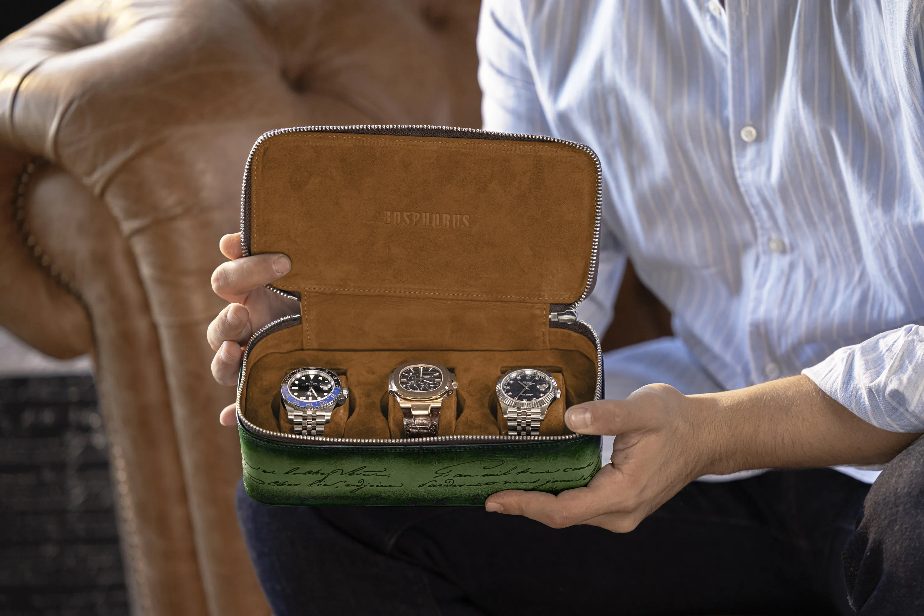 Ephesus Watch Case - Parchment Patina Green For 3 Watches