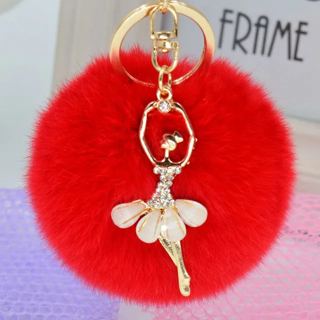 Fashion Women Rabbit Fur Cony Hair Rhinestone Ball Pom Pom Charm Car Keychain Handbag Key Ring Pendant