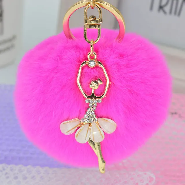 Fashion Women Rabbit Fur Cony Hair Rhinestone Ball Pom Pom Charm Car Keychain Handbag Key Ring Pendant