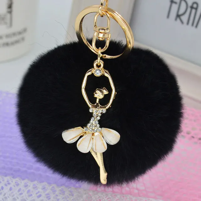 Fashion Women Rabbit Fur Cony Hair Rhinestone Ball Pom Pom Charm Car Keychain Handbag Key Ring Pendant