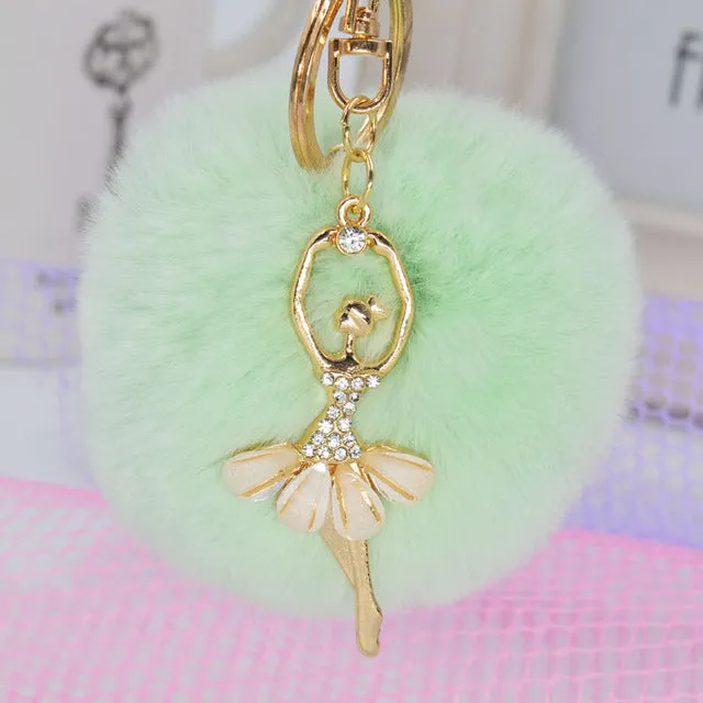 Fashion Women Rabbit Fur Cony Hair Rhinestone Ball Pom Pom Charm Car Keychain Handbag Key Ring Pendant