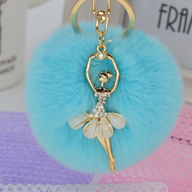 Fashion Women Rabbit Fur Cony Hair Rhinestone Ball Pom Pom Charm Car Keychain Handbag Key Ring Pendant