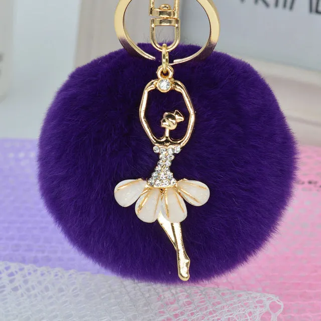 Fashion Women Rabbit Fur Cony Hair Rhinestone Ball Pom Pom Charm Car Keychain Handbag Key Ring Pendant