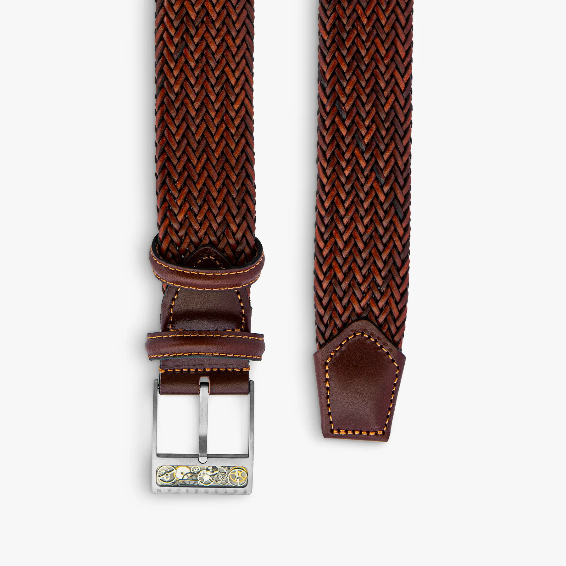 Gear Buckle Woven Leather Belt In Brown