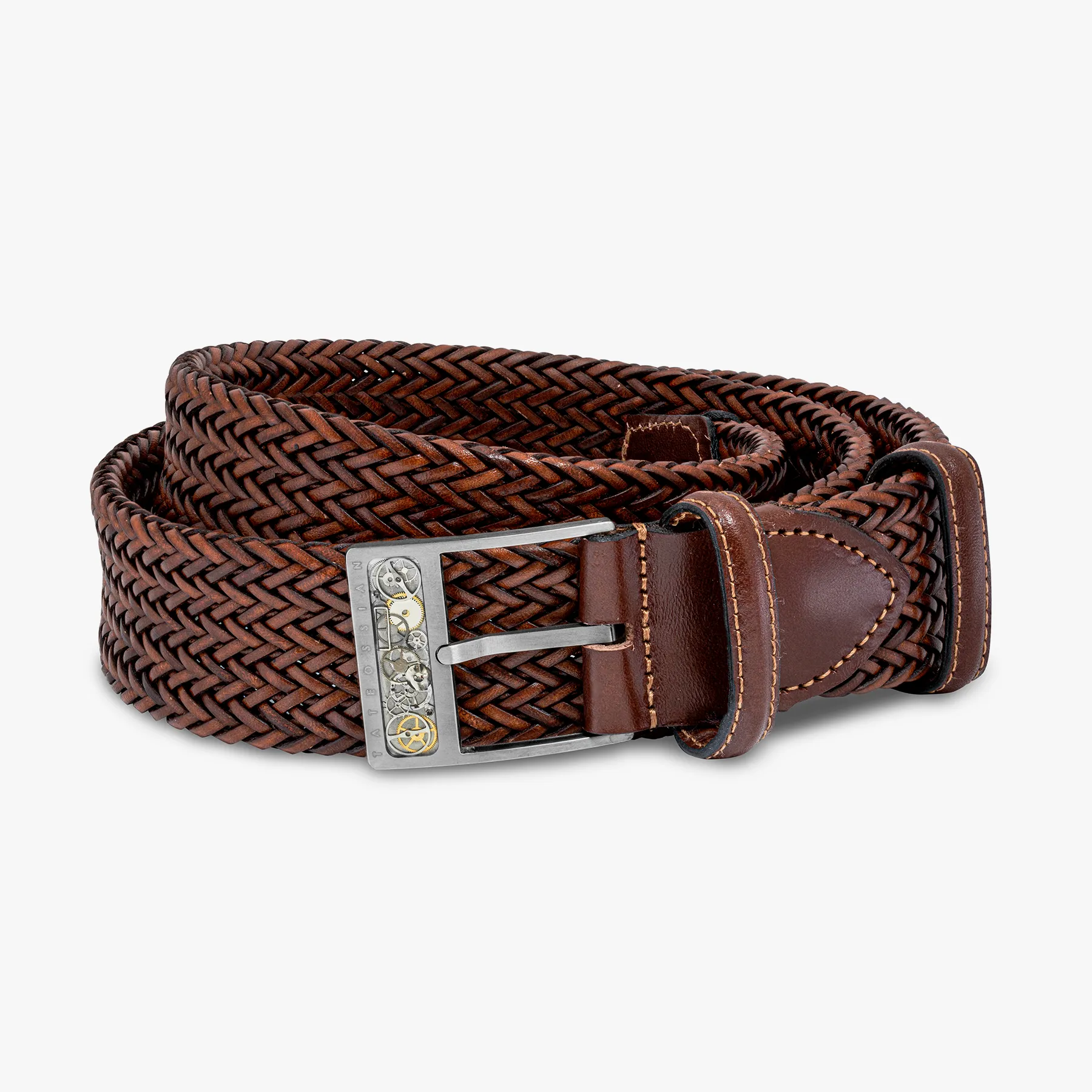 Gear Buckle Woven Leather Belt In Brown