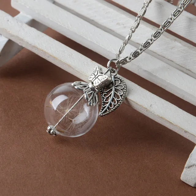 Glass bottle necklace Natural dandelion seed in glass long necklace Make A Wish Glass Bead Orb silver plated Necklace jewelry