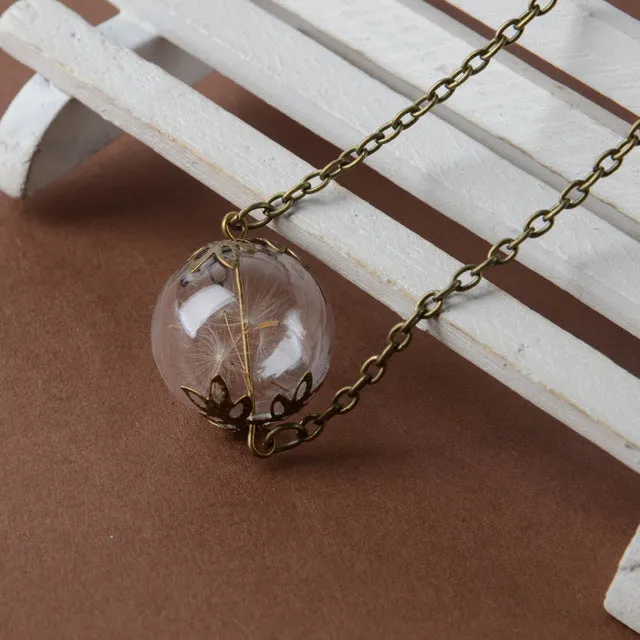 Glass bottle necklace Natural dandelion seed in glass long necklace Make A Wish Glass Bead Orb silver plated Necklace jewelry