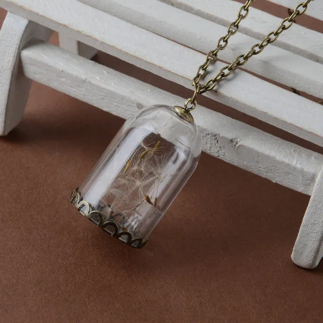 Glass bottle necklace Natural dandelion seed in glass long necklace Make A Wish Glass Bead Orb silver plated Necklace jewelry