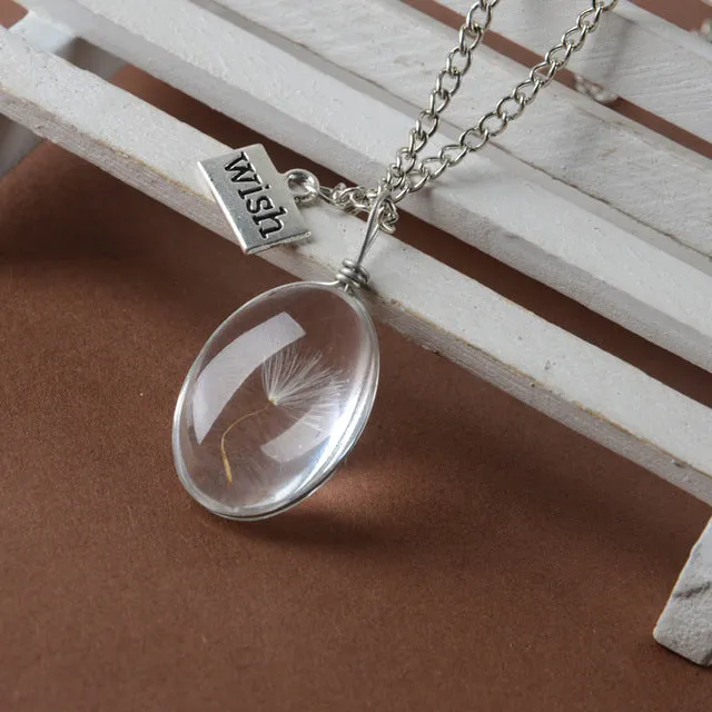 Glass bottle necklace Natural dandelion seed in glass long necklace Make A Wish Glass Bead Orb silver plated Necklace jewelry