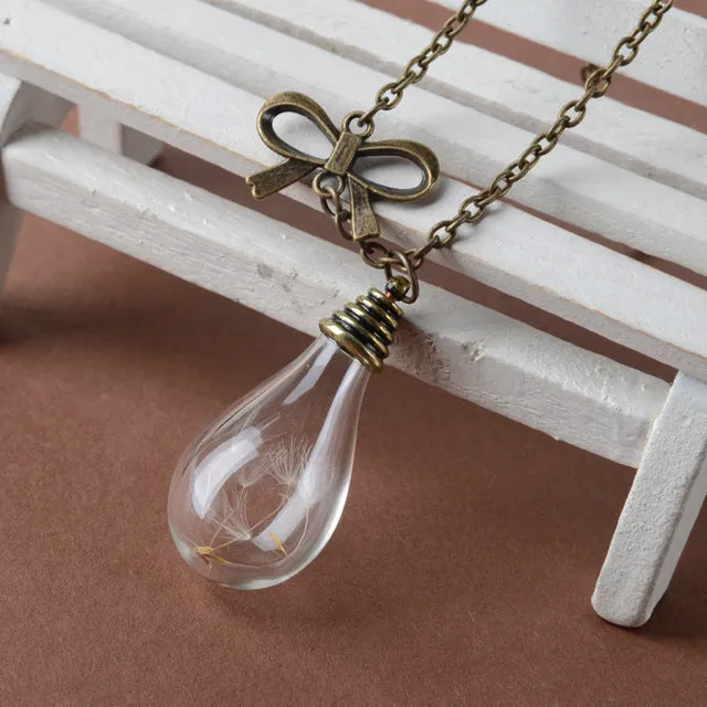 Glass bottle necklace Natural dandelion seed in glass long necklace Make A Wish Glass Bead Orb silver plated Necklace jewelry