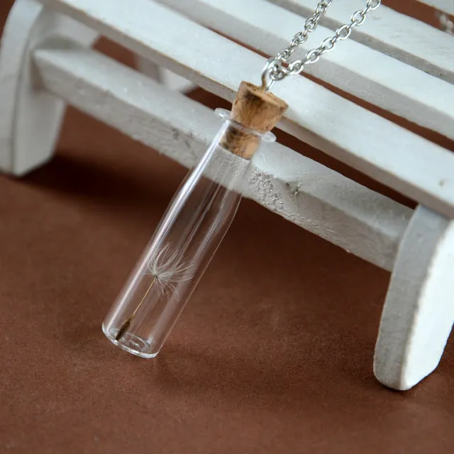 Glass bottle necklace Natural dandelion seed in glass long necklace Make A Wish Glass Bead Orb silver plated Necklace jewelry