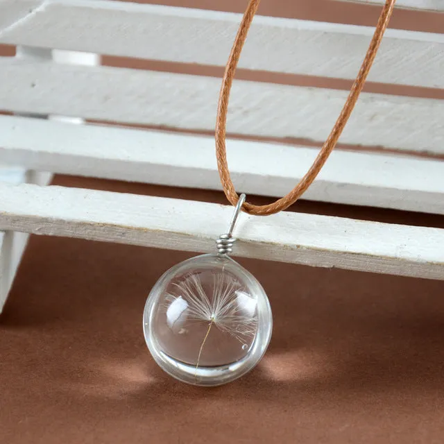 Glass bottle necklace Natural dandelion seed in glass long necklace Make A Wish Glass Bead Orb silver plated Necklace jewelry