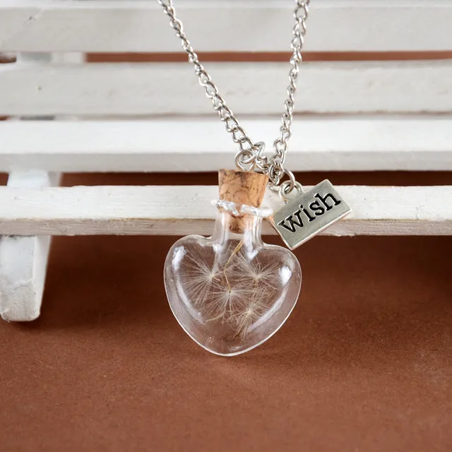 Glass bottle necklace Natural dandelion seed in glass long necklace Make A Wish Glass Bead Orb silver plated Necklace jewelry