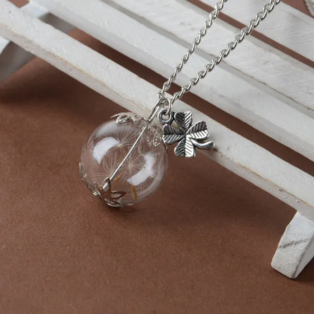 Glass bottle necklace Natural dandelion seed in glass long necklace Make A Wish Glass Bead Orb silver plated Necklace jewelry