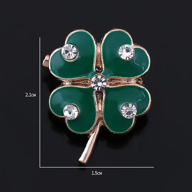 Green Four Leaf Clover and Rhinestones Lapel Pins or Brooches for Women or Men in Assorted Designs