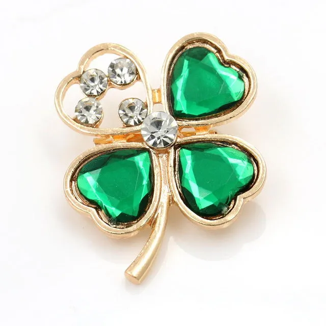 Green Four Leaf Clover and Rhinestones Lapel Pins or Brooches for Women or Men in Assorted Designs